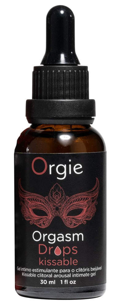 Orgie Orgasm Drops Kissable Klitoristropfen in schwarzer Tropfflasche mit rotem Lippenmotiv, dunklem Etikett und schwarzem Pipettenverschluss in aufrechter Frontansicht – erhältlich bei Evoria Care