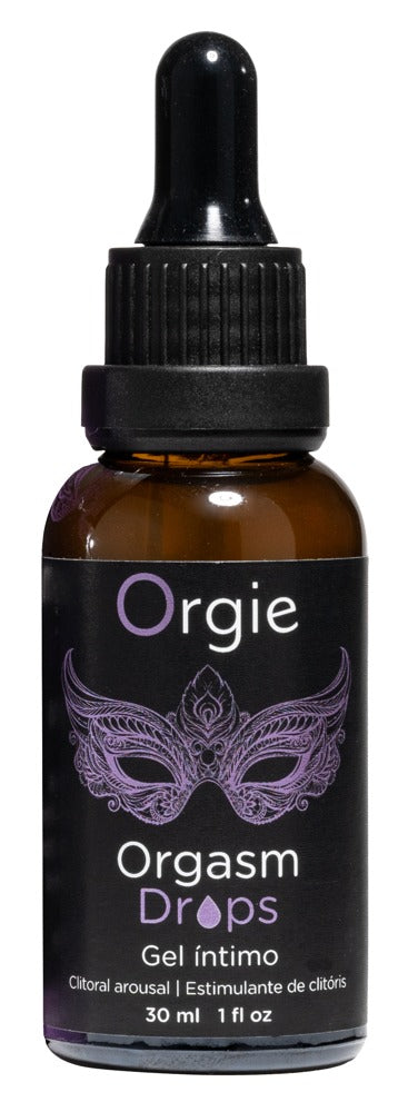 Orgie Orgasm Drops Klitoris-Tropfen in schwarzer Tropfflasche mit violettem Etikett, goldfarbenem Flaschenhals und schwarzem Pipettenverschluss in aufrechter Frontansicht – erhältlich bei Evoria Care