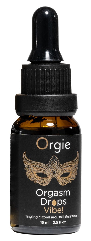 Orgie Orgasm Drops Vibe! Klitoristropfen mit Wärme- und Vibe-Effekt in schwarzer Tropfflasche mit goldfarbenem Etikett und schwarzem Pipettenverschluss in aufrechter Frontansicht – erhältlich bei Evoria Care