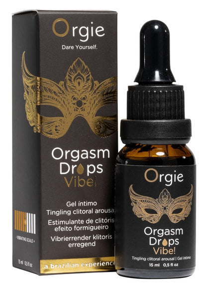 Orgie Orgasm Drops Vibe! Klitoristropfen in schwarzer Pipettenflasche neben der passenden Originalverpackung mit goldfarbenem Design und Orgie Markenlogo – erhältlich bei Evoria Care