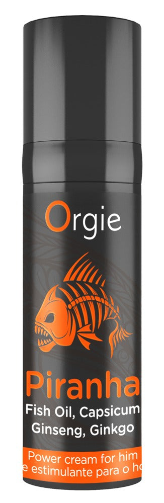 Orgie Piranha Power Cream Stimulationscreme für Männer in schwarzer Flasche mit orangefarbenem Piranha-Motiv, Produktbeschriftung und schwarzem Verschluss in aufrechter Frontansicht – erhältlich bei Evoria Care