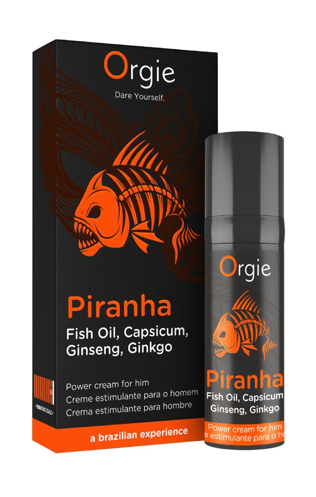 Orgie Piranha Power Cream für Männer in schwarzer Originalverpackung mit orangefarbenem Piranha-Motiv und Orgie Markenlogo in aufrechter Produktansicht – erhältlich bei Evoria Care