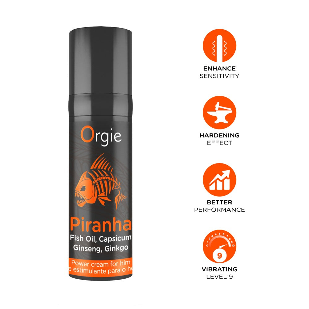 Orgie Piranha Power Cream für intensive Männerstimulation in schwarzer Flasche mit orangefarbenem Piranha-Design und vier seitlich angeordneten Informationssymbolen zu den Produkteigenschaften – erhältlich bei Evoria Care