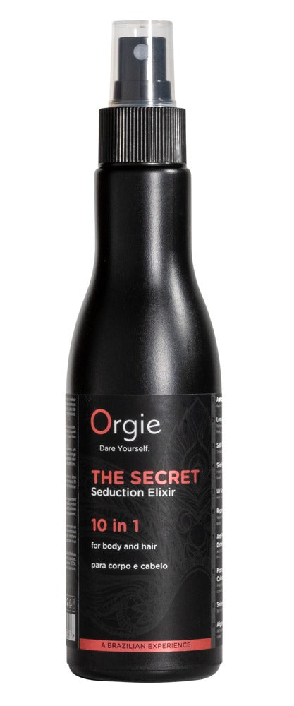 Orgie Secret Seduction Elixir Körper- und Haarlotion in schwarzer Sprühflasche mit roter Produktbeschriftung, silberfarbenem Sprühkopf und schlanker Form in aufrechter Frontansicht – erhältlich bei Evoria Care