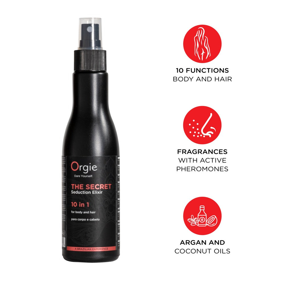 Orgie Secret Seduction Elixir Körper- und Haarlotion in schwarzer Sprühflasche mit roter Beschriftung und drei seitlich angeordneten roten Informationssymbolen zu den Produkteigenschaften – erhältlich bei Evoria Care