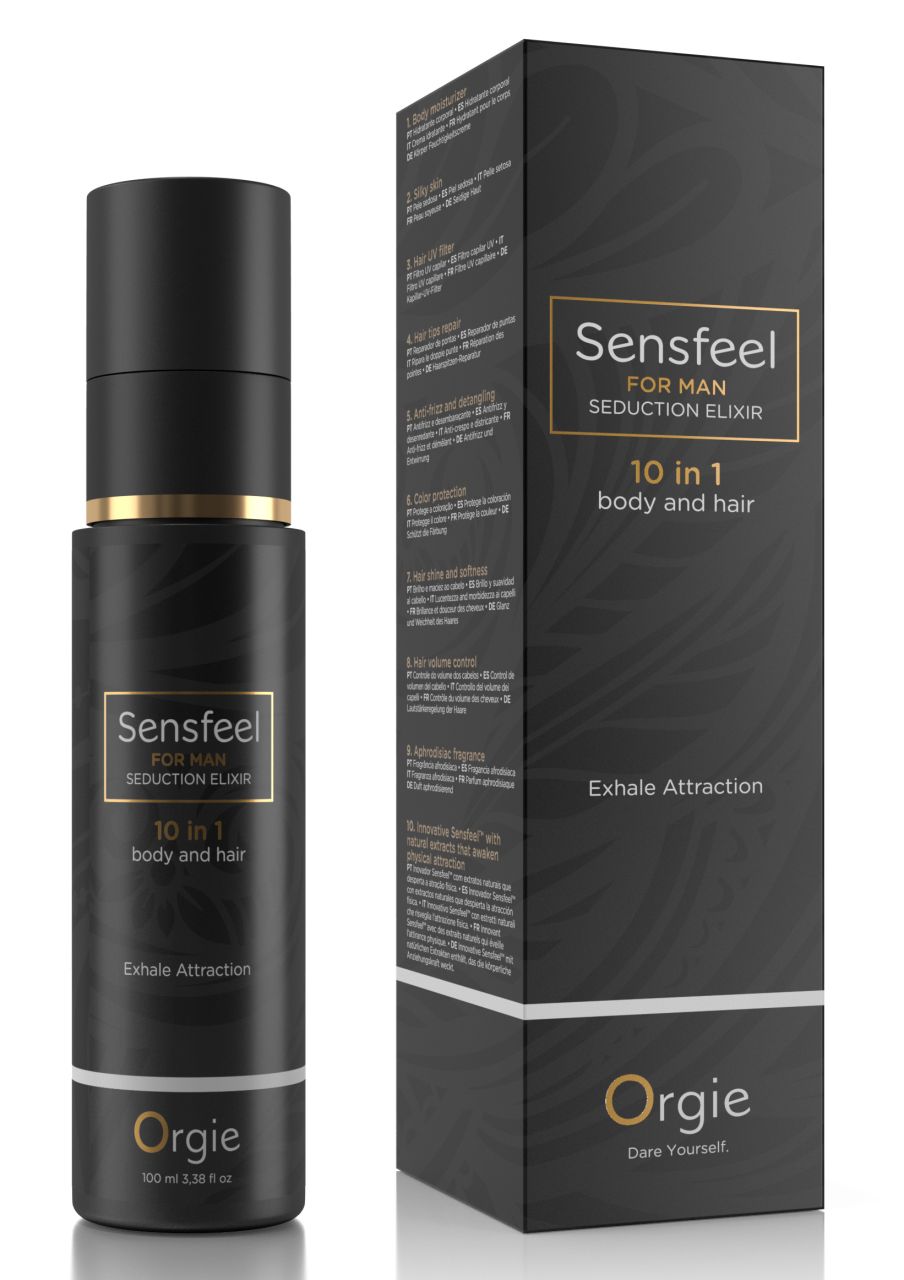 ORGIE Sensfeel for Man – schwarze Flasche der 10-in-1 Pheromon-Körper- und Haarlotion mit goldfarbenen Designelementen und schwarzem Verschluss neben der schwarzen Originalverpackung mit Sensfeel Schriftzug auf weißem Hintergrund – erhältlich bei Evoria Care
