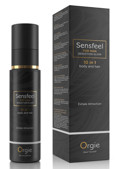ORGIE Sensfeel for Man – schwarze Flasche der 10-in-1 Pheromon-Körper- und Haarlotion mit goldfarbenen Designelementen und schwarzem Verschluss neben der schwarzen Originalverpackung mit Sensfeel Schriftzug auf weißem Hintergrund – erhältlich bei Evoria Care