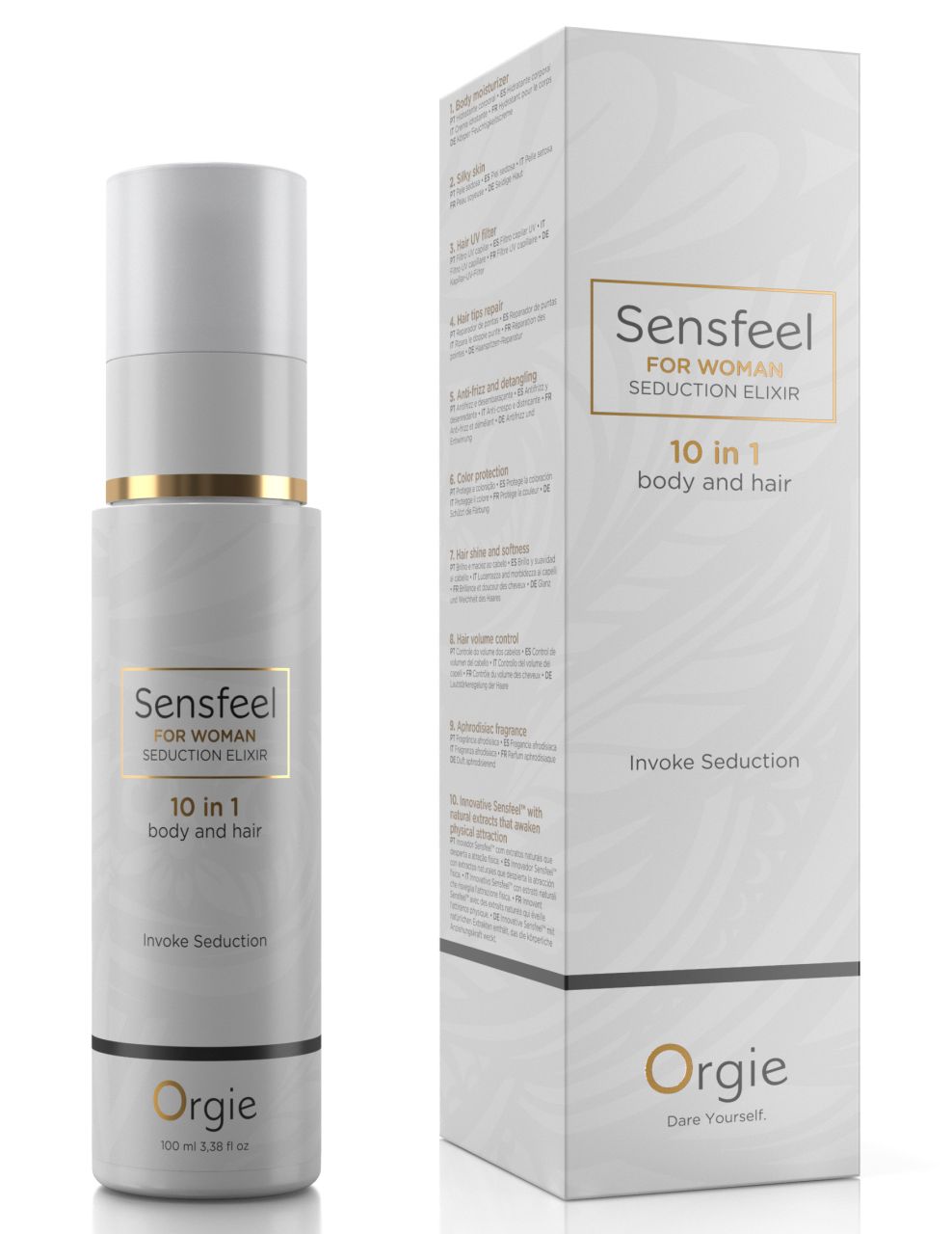 ORGIE Sensfeel for Woman – weiße Flasche der 10-in-1 Pheromon-Körper- und Haarlotion mit goldfarbenen Designelementen und transparentem Verschluss neben der weißen Originalverpackung mit Sensfeel Schriftzug auf weißem Hintergrund – erhältlich bei Evoria Care