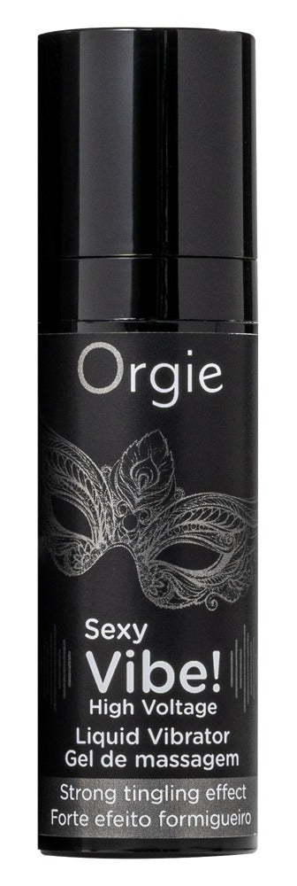 Orgie Sexy Vibe! High Voltage Stimulationsgel mit Vibe-Effekt in schwarzer Flasche mit silberfarbener Beschriftung und schwarzem Verschluss in aufrechter Frontansicht – erhältlich bei Evoria Care