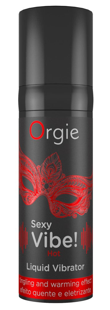 Orgie Sexy Vibe! Hot Stimulationsgel für Sie in schwarzer Flasche mit rotem Vibe!-Schriftzug, dekorativem roten Motiv und schwarzem Verschluss in aufrechter Frontansicht – erhältlich bei Evoria Care