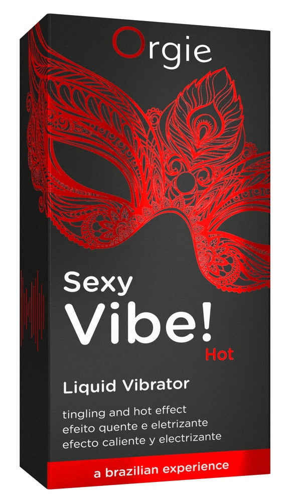 Orgie Sexy Vibe! Hot Stimulationsgel für Sie in schwarzer Originalverpackung mit rotem Vibe!-Schriftzug, dekorativem Motiv und Orgie Markenlogo in aufrechter Frontansicht – erhältlich bei Evoria Care