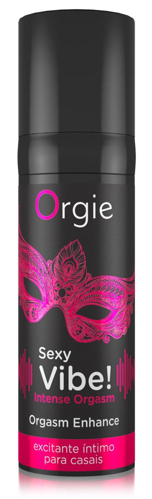 Orgie Sexy Vibe! Intense Orgasm Stimulationsgel in schwarzer Flasche mit pinkfarbenem Vibe!-Schriftzug, dekorativem Motiv und schwarzem Verschluss in aufrechter Frontansicht – erhältlich bei Evoria Care