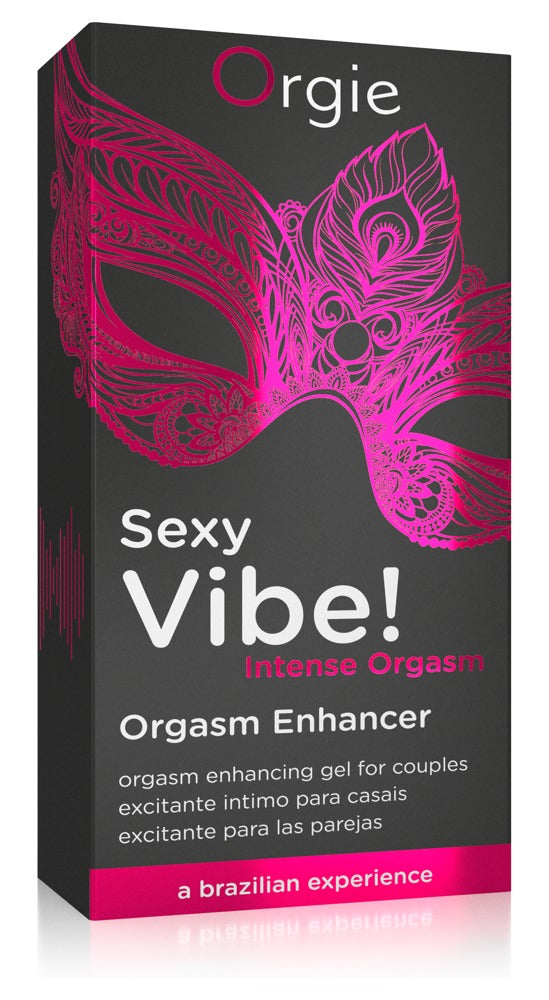 Orgie Sexy Vibe! Intense Orgasm Stimulationsgel in schwarzer Originalverpackung mit auffälligem pinkfarbenem Vibe!-Design und Orgie Markenlogo in aufrechter Produktansicht – erhältlich bei Evoria Care