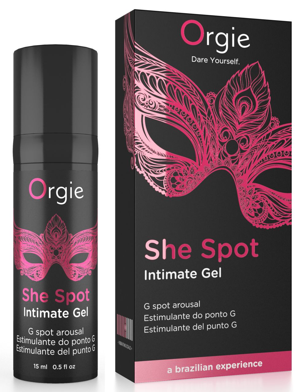 ORGIE She Spot – schwarzer Pumpspender des G-Punkt-Stimulationsgels für Frauen mit pinkfarbenem She Spot Schriftzug und floralem Grafikdesign, neben der schwarz-pinkfarbenen Originalverpackung auf weißem Hintergrund – erhältlich bei Evoria Care