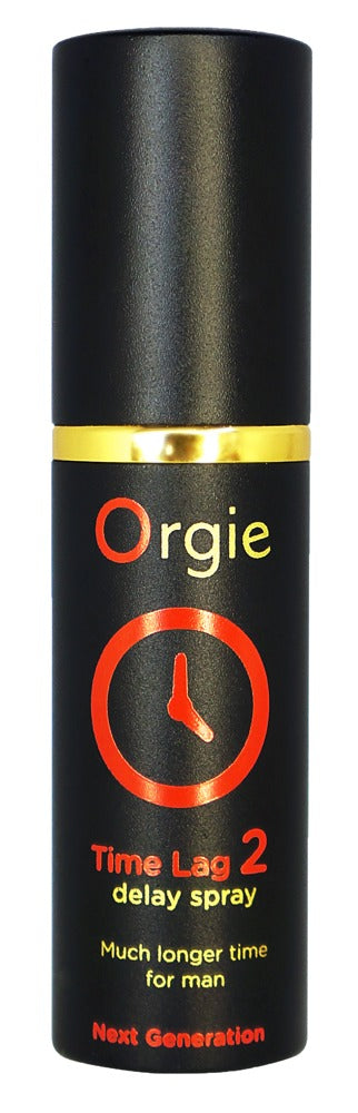 Orgie Time Lag 2 Verzögerungsspray für Männer in schwarzer Flasche mit orange-rotem Time-Lag-2-Motiv, goldfarbenen Akzenten und schwarzem Verschluss in aufrechter Frontansicht – erhältlich bei Evoria Care