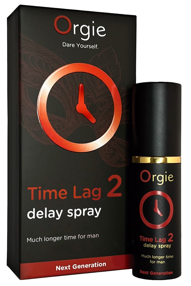 Orgie Time Lag 2 Verzögerungsspray in schwarzer Sprayflasche neben der passenden Originalverpackung mit orange-rotem Time-Lag-2-Design und Orgie Markenlogo – erhältlich bei Evoria Care