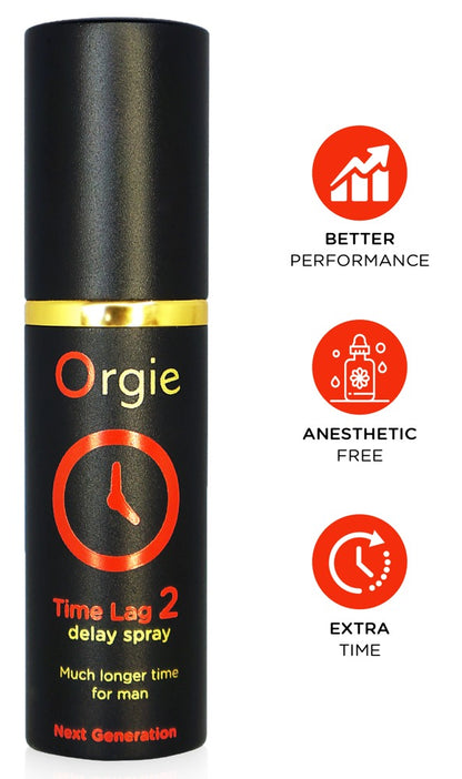 Orgie Time Lag 2 Verzögerungsspray für Männer in schwarzer Flasche mit orange-rotem Etikett und drei seitlich angeordneten roten Informationssymbolen zu den Produkteigenschaften – erhältlich bei Evoria Care