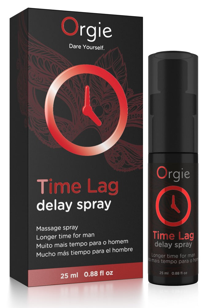 Orgie Time Lag Delay Spray Verzögerungsspray in schwarzer Sprayflasche neben der passenden Originalverpackung mit rotem Time-Lag-Design und Orgie Markenlogo – erhältlich bei Evoria Care