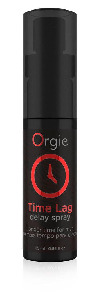 Orgie Time Lag Delay Spray Verzögerungsspray für Männer in schwarzer Flasche mit rotem Time-Lag-Motiv, roter Produktbeschriftung und schwarzem Verschluss in aufrechter Frontansicht – erhältlich bei Evoria Care