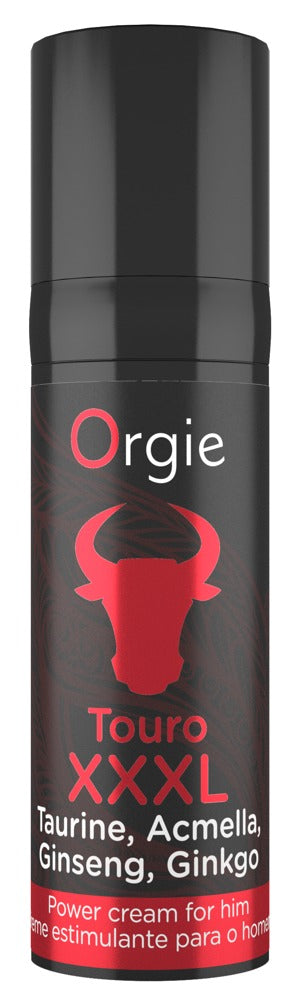 Orgie Touro XXXL Power Cream für Männer in schwarzer Flasche mit rotem Stiermotiv, XXXL-Schriftzug und schwarzem Verschluss in aufrechter Frontansicht – erhältlich bei Evoria Care