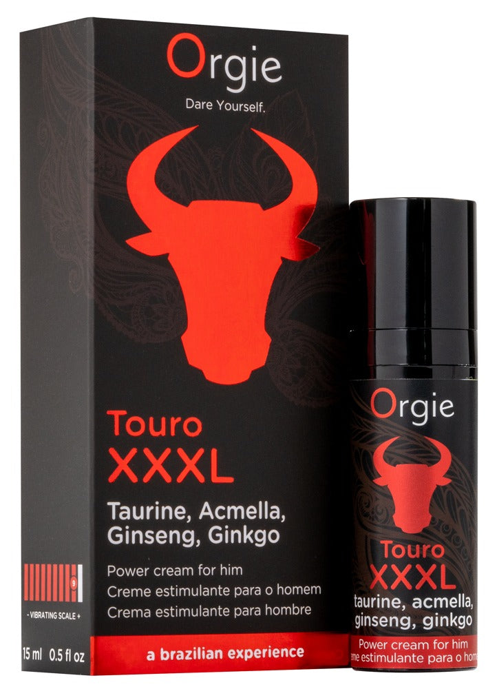 Orgie Touro XXXL Power Cream für Männer in schwarzer Flasche neben der passenden Originalverpackung mit rotem Stiermotiv und Orgie Markenlogo – erhältlich bei Evoria Care