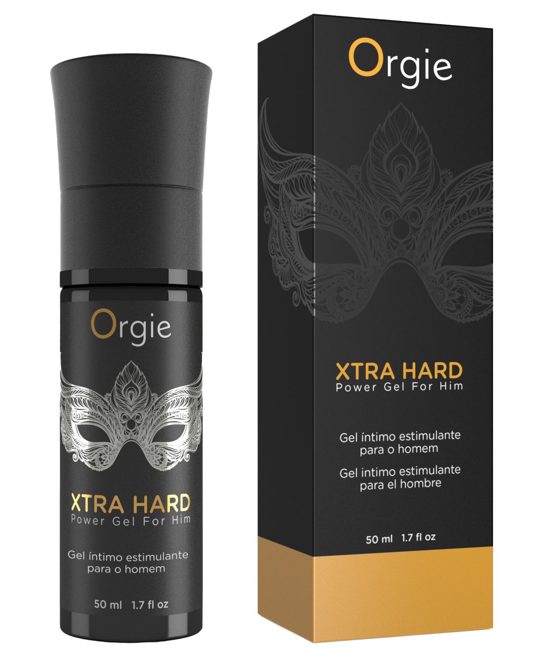 ORGIE Xtra Hard Power Gel – schwarzer Pumpspender des stimulierenden Penisgels für Männer mit goldfarbenem Schriftzug und schwarzem Verschluss, neben der schwarz-goldenen Originalverpackung mit ORGIE Markenlogo auf weißem Hintergrund – erhältlich bei Evoria Care