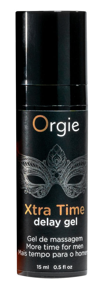 Orgie Xtra Time Delay Gel für Männer in schwarzer Flasche mit goldfarbener Produktbeschriftung, Orgie Markenlogo und schwarzem Verschluss in aufrechter Frontansicht – erhältlich bei Evoria Care