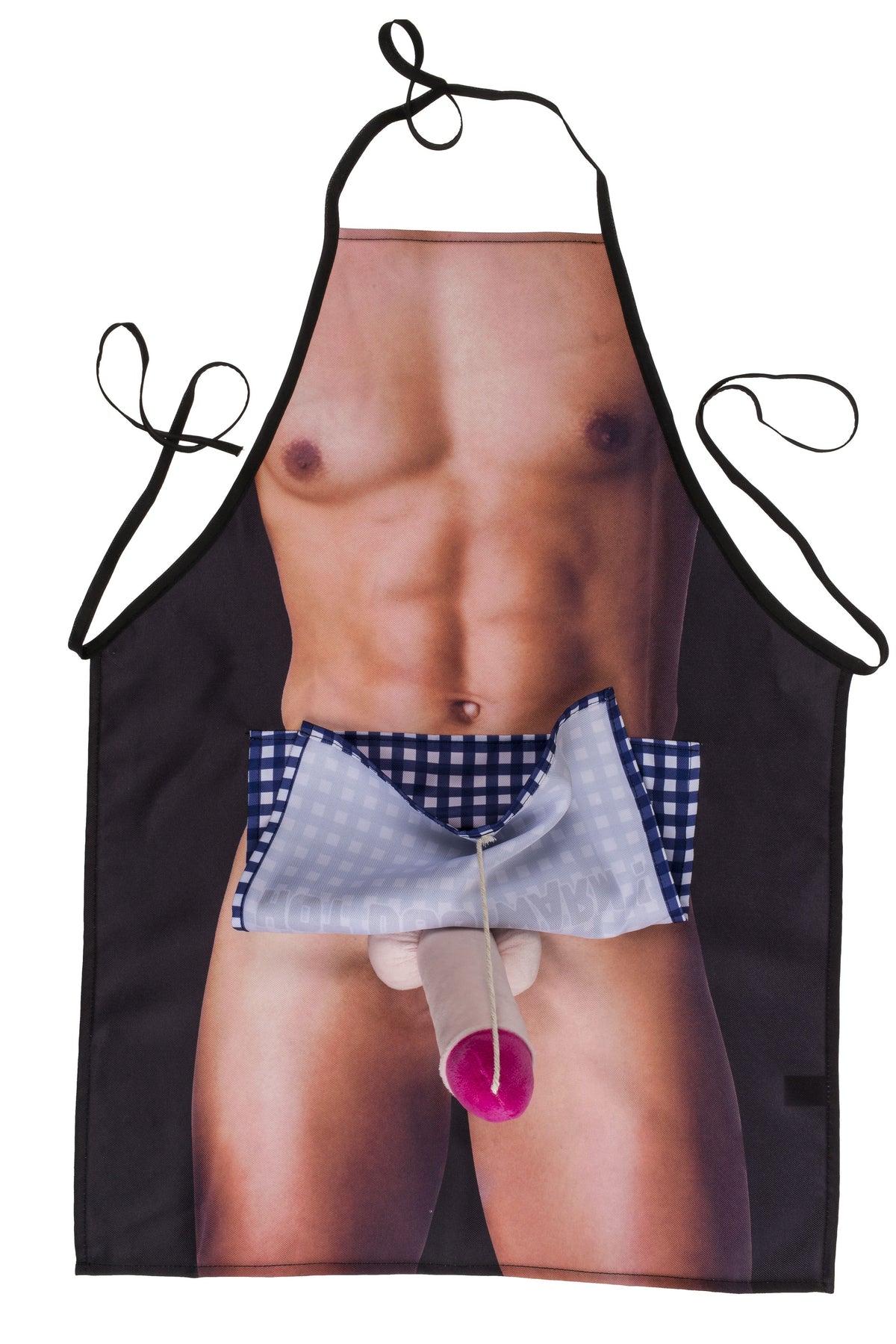 Out of the blue Hot Dog Schürze – humorvolle Grillschürze mit männlichem Körperaufdruck, blauem Karomuster, schwarzem Nackenband und seitlichen Bindebändern in weiterer vollständiger Produktansicht – erhältlich bei Evoria Care