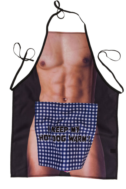 Out of the blue Hot Dog Schürze – lustige Grillschürze mit aufgedrucktem nacktem männlichem Oberkörper, blau kariertem Schürzenmotiv und frechem Detail im unteren Bereich, vollständig auf weißem Hintergrund dargestellt – erhältlich bei Evoria Care