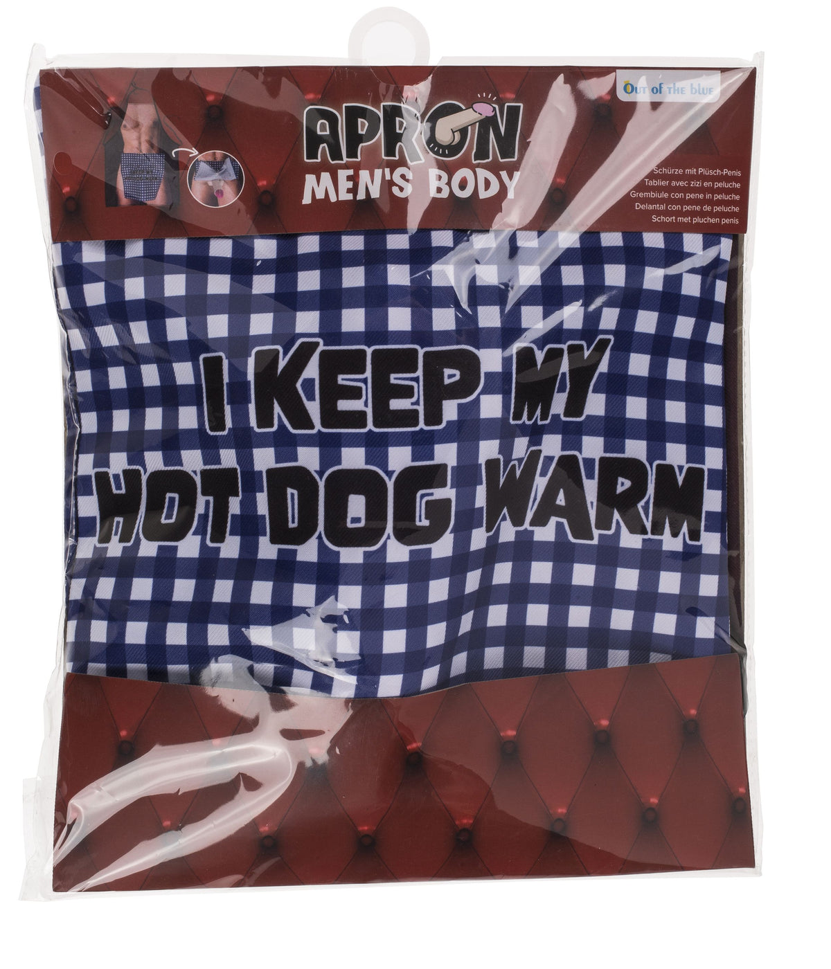 Out of the blue Hot Dog Schürze – rechteckige Originalverpackung mit blau-rotem Karomuster, Produktinformationen und dekorativer Gestaltung des humorvollen Grillaccessoires – erhältlich bei Evoria Care