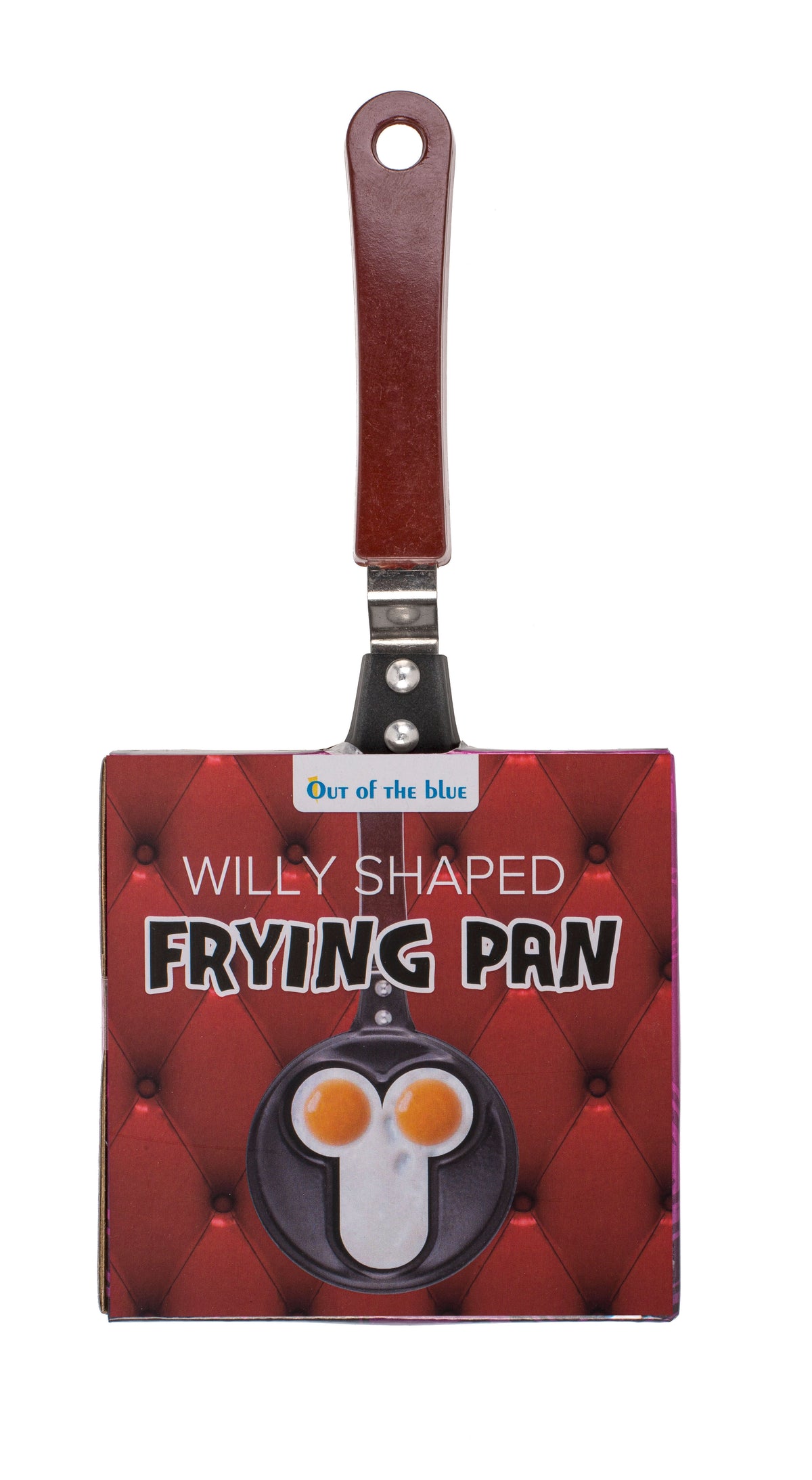 Out of the blue Penis-Bratpfanne – rot-schwarze Originalverpackung der humorvollen Mini-Bratpfanne mit Produktabbildung und dekorativer Beschriftung als originelles Frühstücks- und Partygeschenk – erhältlich bei Evoria Care