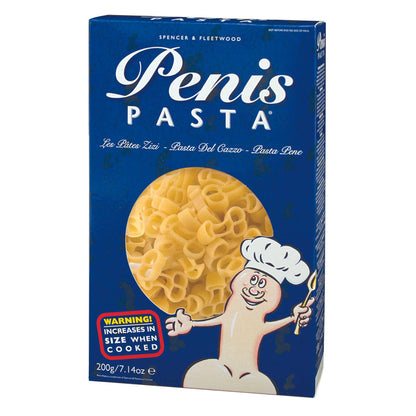 Penis-Pasta – Rückseite der blauen Originalverpackung mit Produktinformationen, Abbildung der goldgelben Penisnudeln und dekorativer Gestaltung für das humorvolle Partyprodukt – erhältlich bei Evoria Care
