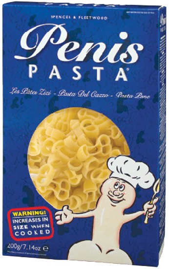 Penis-Pasta – blaue Originalverpackung mit goldgelben Nudeln in Penisform, weißem Penis-Pasta Schriftzug und humorvoller Illustration als witziges Partygeschenk für Junggesellenabschiede und Erwachsenenpartys – erhältlich bei Evoria Care