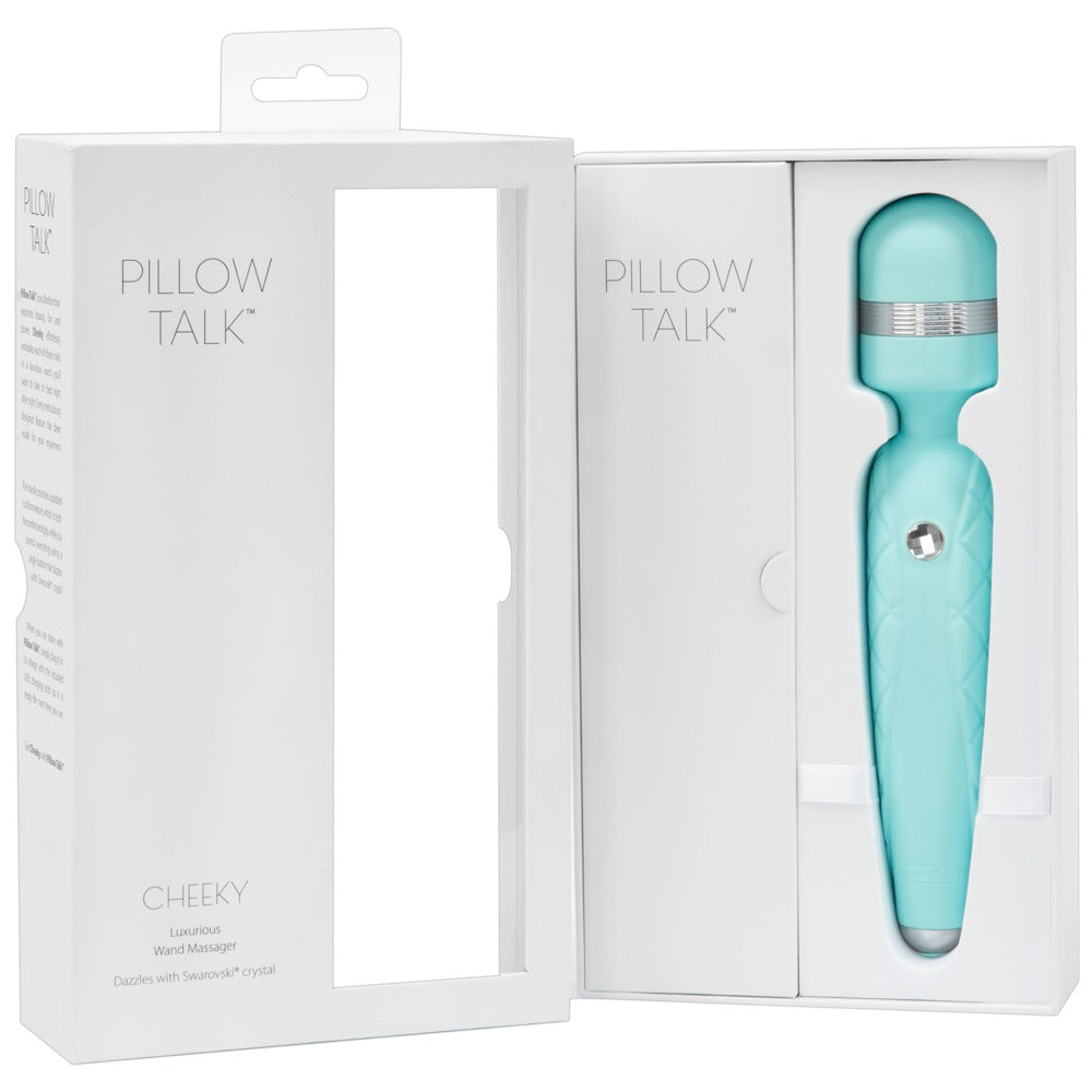 Pillow Talk Cheeky Wand Massager in Mint – weitere Ansicht der weißen Produktverpackung mit mintfarbenem Wand Massager – erhältlich bei Evoria Care