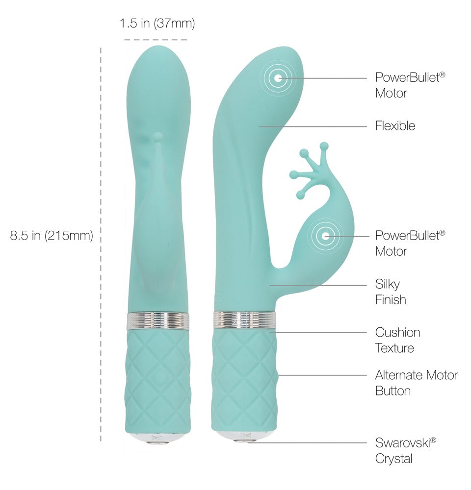 Pillow Talk Kinky Rabbit Vibrator in Mint – Maßgrafik mit Abmessungen des Hauptschafts, Stimulationsarms und Griffbereichs – erhältlich bei Evoria Care
