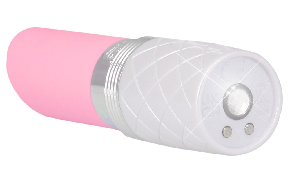 Pillow Talk Lusty Mini-Vibrator – Detailansicht des weißen Griffendes mit integriertem Bedienelement und pinkfarbenem Gehäuse – erhältlich bei Evoria Care