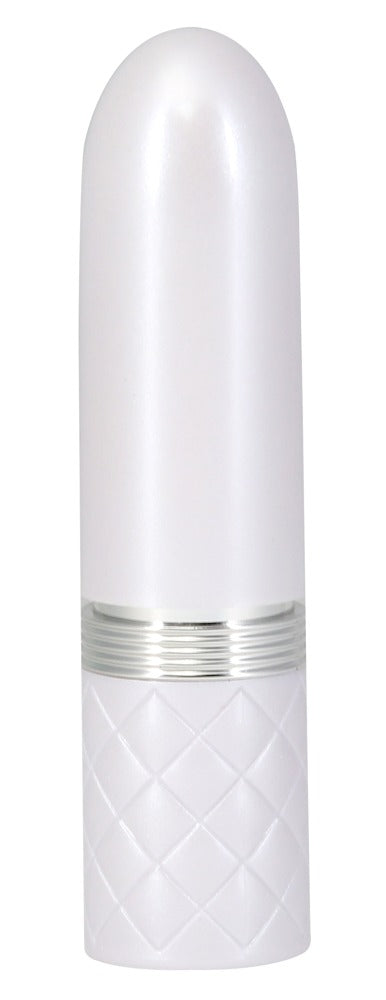 Pillow Talk Lusty Mini-Vibrator – geschlossene Produktansicht in Weiß mit kompakter zylindrischer Form – erhältlich bei Evoria Care