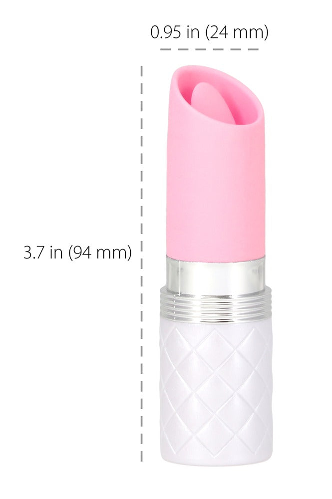 Pillow Talk Lusty Mini-Vibrator – aufrechte Ansicht mit weißem Gehäuse und pinkfarbenem Stimulationsbereich – erhältlich bei Evoria Care