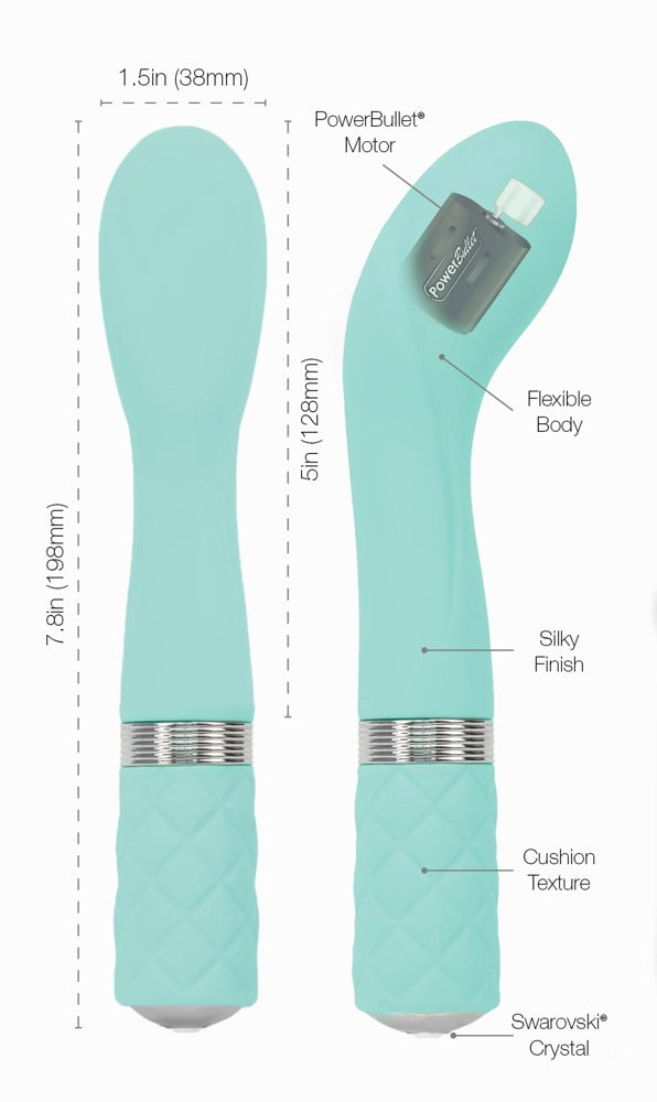 Pillow Talk Sassy G-Punkt-Vibrator in Mint – Maßgrafik mit Abmessungen und verschiedenen Ansichten des geschwungenen Vibrators – erhältlich bei Evoria Care