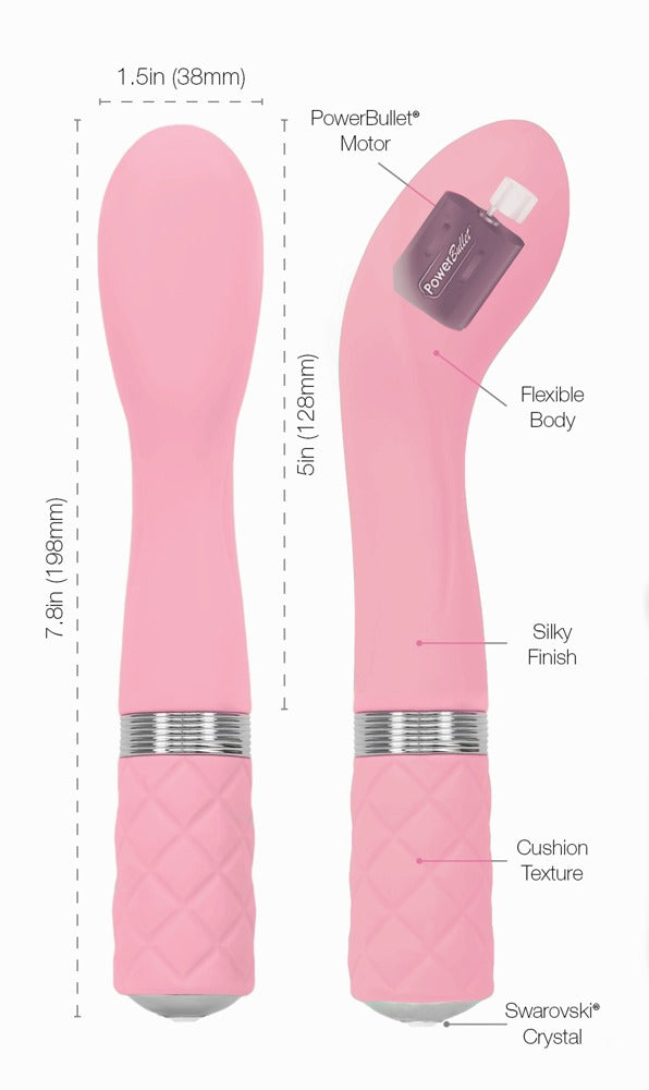 Pillow Talk Sassy G-Punkt-Vibrator in Pink – Maßgrafik mit Abmessungen und verschiedenen Ansichten des geschwungenen Vibrators – erhältlich bei Evoria Care