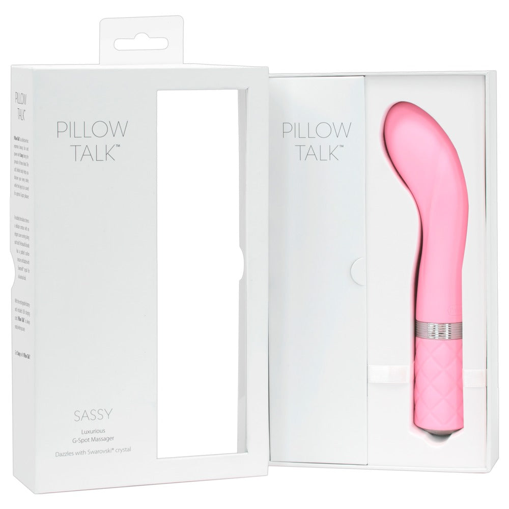 Pillow Talk Sassy G-Punkt-Vibrator in Pink – weitere Ansicht der weißen Produktverpackung mit Darstellung des pinkfarbenen Vibrators – erhältlich bei Evoria Care