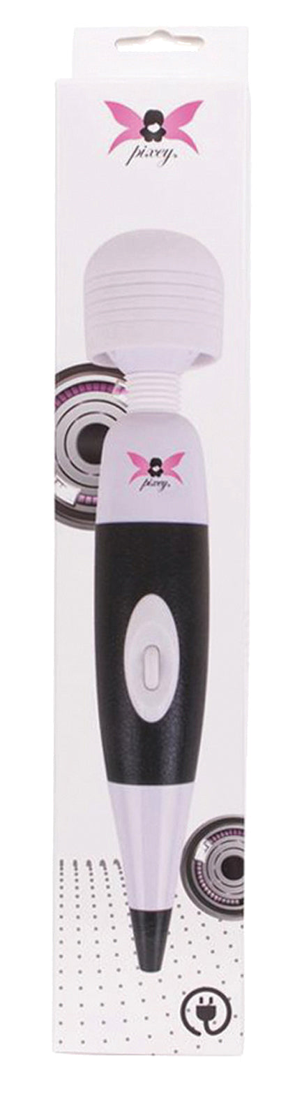 Pixey Black Edition – weiß-rosafarbene Originalverpackung des elektrischen Wand-Massagers mit Produktabbildung, Pixey Markenlogo und Modellbezeichnung – erhältlich bei Evoria Care