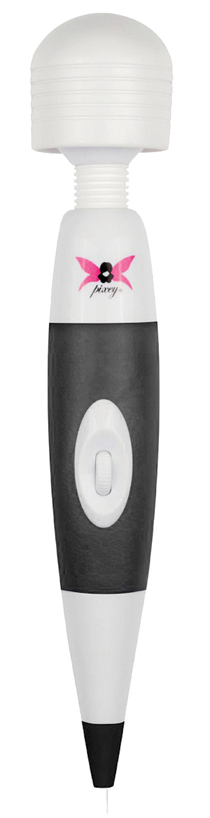 Pixey Black Edition – elektrischer Wand-Massager mit weißem kugelförmigem Massagekopf, schwarzem ergonomischem Griffbereich und weißem Gehäuse in aufrechter Frontansicht – erhältlich bei Evoria Care