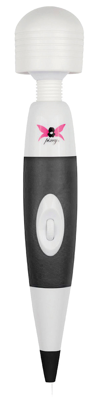 Pixey Black Edition – elektrischer Wand-Massager mit weißem kugelförmigem Massagekopf, schwarzem ergonomischem Griffbereich und weißem Gehäuse in aufrechter Frontansicht – erhältlich bei Evoria Care