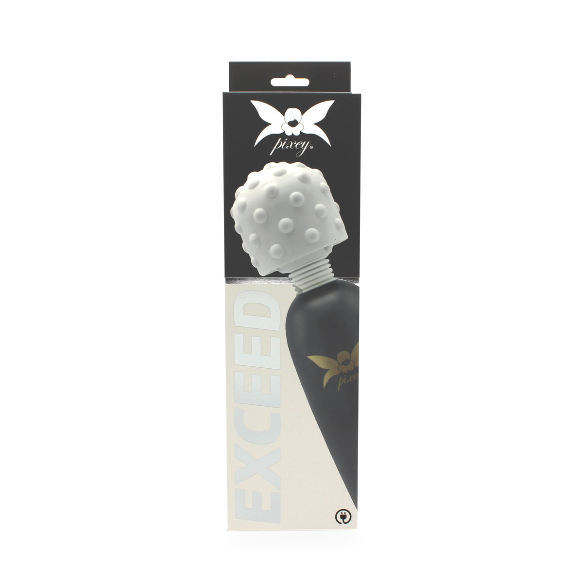 Pixey Exceed – schwarze Originalverpackung des Wand-Massagers mit Produktabbildung, goldfarbenen Designelementen und Pixey Markenlogo – erhältlich bei Evoria Care