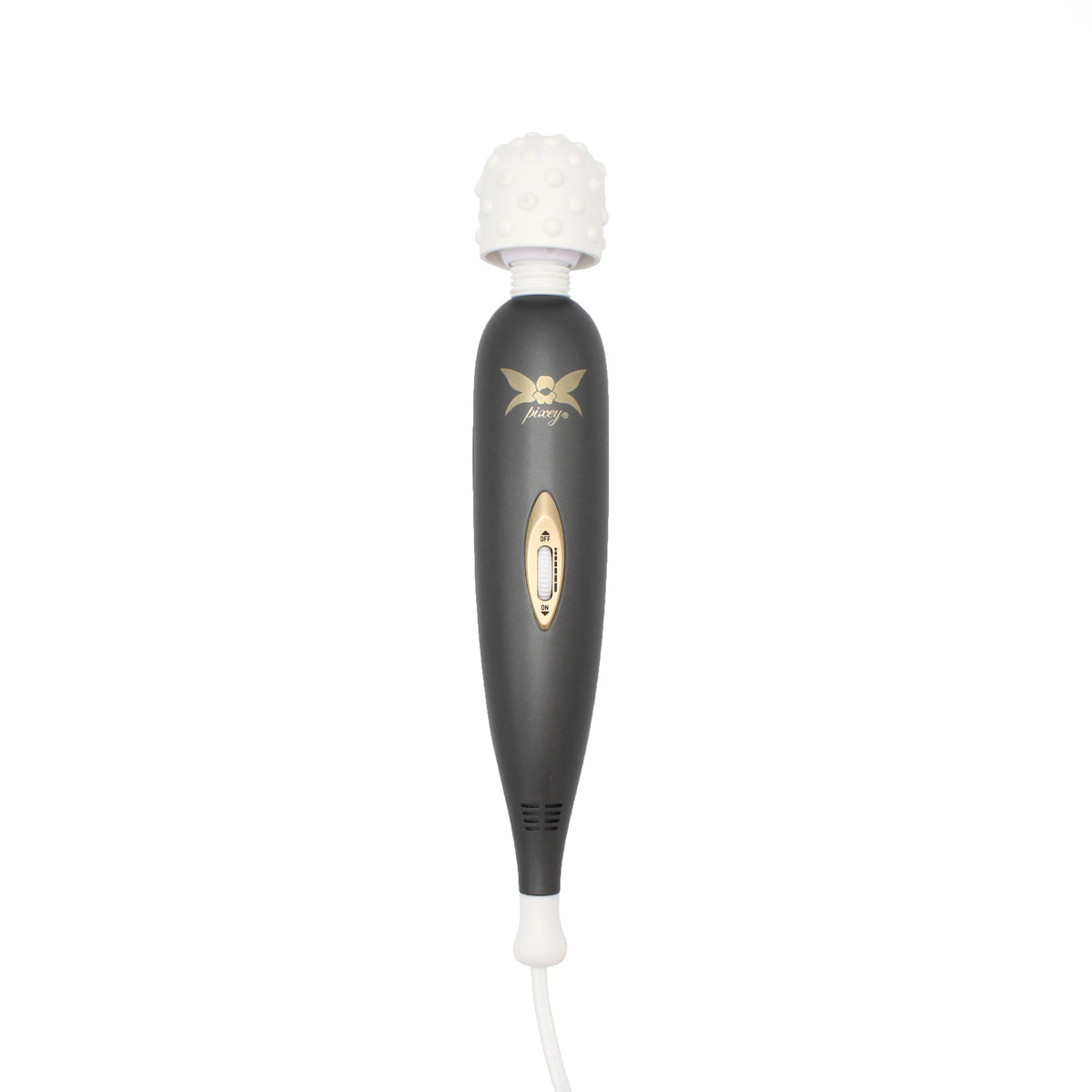 Pixey Exceed – elektrischer Wand-Massager mit schwarzem schlankem Griff, goldfarbenen Bedienelementen und weißem strukturiertem Massagekopf in aufrechter Frontansicht – erhältlich bei Evoria Care