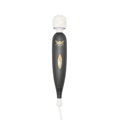 Pixey Exceed – elektrischer Wand-Massager mit schwarzem schlankem Griff, goldfarbenen Bedienelementen und weißem strukturiertem Massagekopf in aufrechter Frontansicht – erhältlich bei Evoria Care