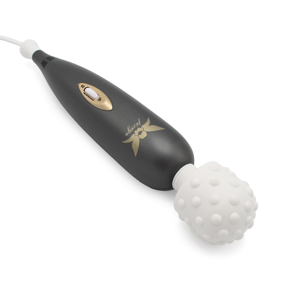 Pixey Exceed – schwarzer Wand-Massager mit goldfarbenen Akzenten und rundem Massagekopf in schräger Produktansicht auf weißem Hintergrund – erhältlich bei Evoria Care