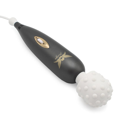 Pixey Exceed – schwarzer Wand-Massager mit goldfarbenen Akzenten und rundem Massagekopf in schräger Produktansicht auf weißem Hintergrund – erhältlich bei Evoria Care