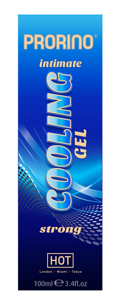PRORINO Intimate Cooling Gel Strong – blau-schwarze Originalverpackung des kühlenden Intimgels mit großem vertikalem COOLING GEL Schriftzug, türkisfarbenen Grafikelementen und PRORINO Markenlogo in frontaler Produktansicht auf weißem Hintergrund – erhältlich bei Evoria Care